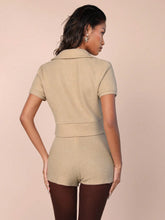 COSMINA 2pcs/Set Women Solid Front Zip Up Short Sleeve Top And Shorts Set